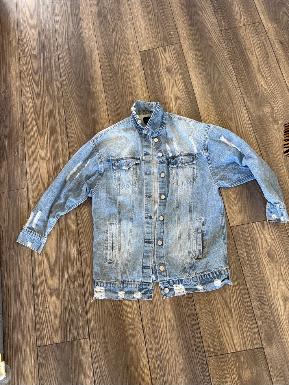 Distressed Oversized Light Wash Denim Jacket Longline Trucker Grunge - Picture 2 of 6